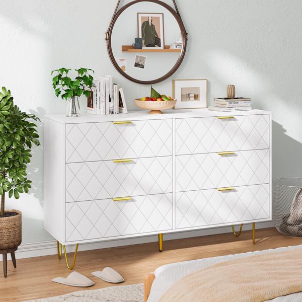 Modern white 6 Drawers for Bedroom,Wooden drawers with Gold Handles, Chest Dresser with Deep Drawers for living room 