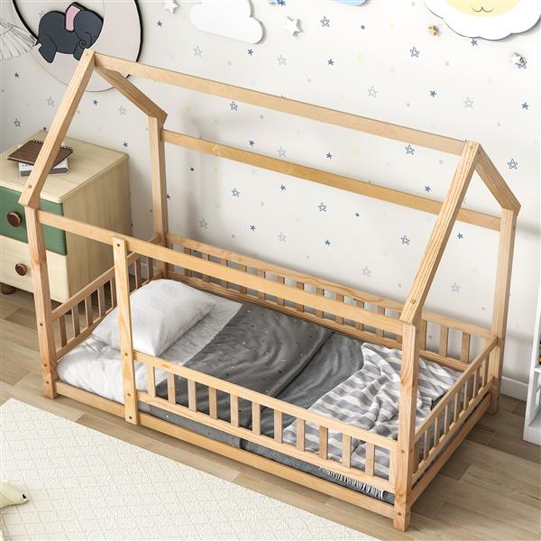 Twin Size Floor Wooden Bed with House Roof Frame, Fence Guardrails,Natural