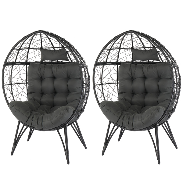 Wicker Egg Chair, Oversized Indoor Outdoor Lounger with Soft Cushions, Teardrop Cuddle Seat for Patio Porch Backyard Living Room Balcony, Black Rattan & Grey Cushion