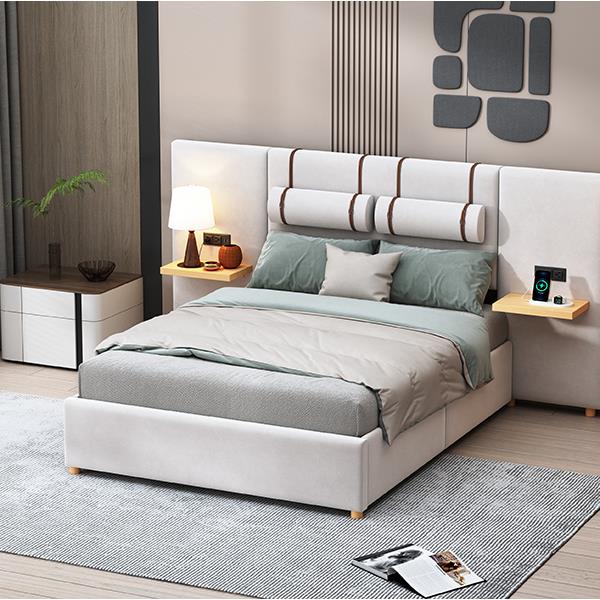 Full Size Upholstered Platform Bed, Two Outlets and USB Charging Ports on Both Sides, Two Bedside Pillows, Storage Shelves, Beige