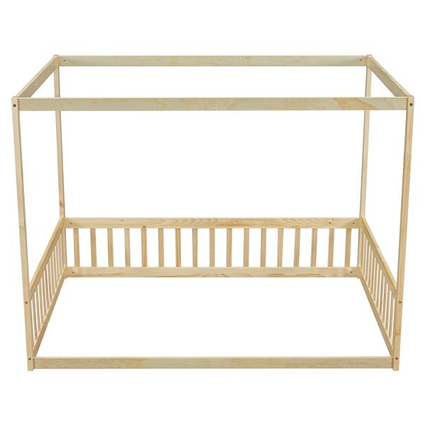 Full Size Canopy Frame Floor Bed with Fence, Guardrails,Natural