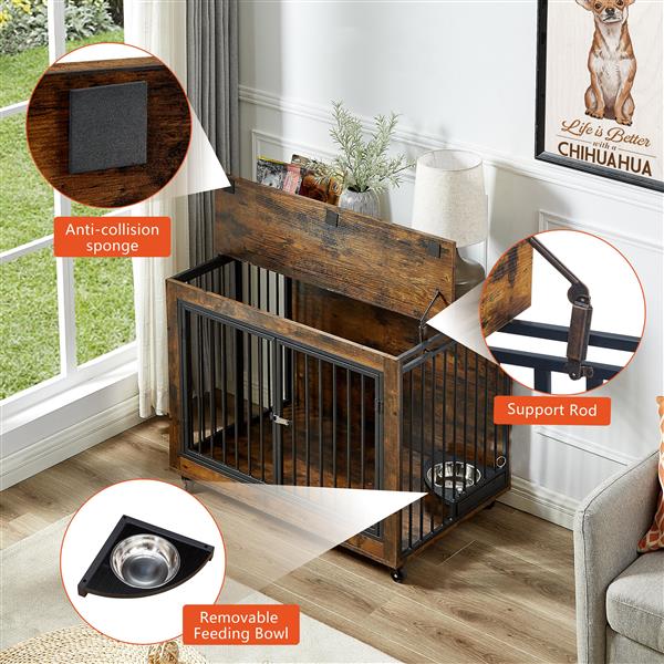 Furniture Style Dog Crate Side Table With Rotatable Feeding Bowl, Wheels, Three Doors, Flip-Up Top Opening. Indoor, Rustic Brown, 38.58"W x 25.2"D x 27.17"H