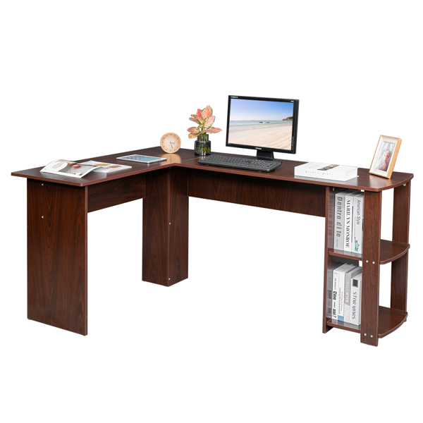 L-Shaped Wood Right-angle Computer Desk with Two-layer Bookshelves Dark Brown