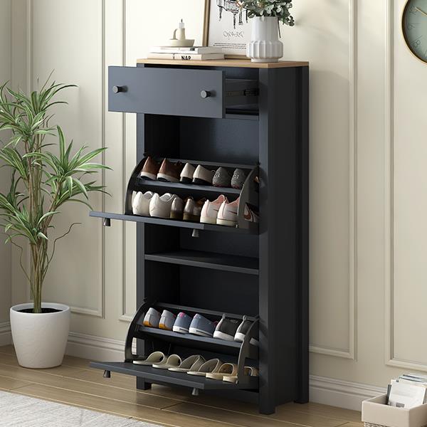 Functional Entryway Organizer with 2 Flip Drawers, Wood Grain Pattern Top Shoe Cabinet with Drawer, Free Standing Shoe Rack with Adjustable Panel for Hallway, Black