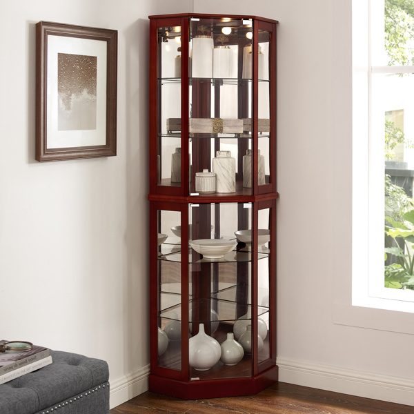 6 Shelf Corner Curio Display Cabinet with Lights, Mirrors and Adjustable Shelves, Cherry(E26 light bulb not included) 