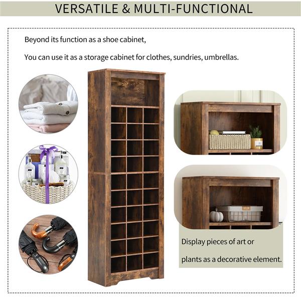 Stylish Design 30 Shoe Cubby Console, Contemporary Shoe Cabinet with Multiple Storage Capacity, Free Standing Tall Cabinet with Versatile Use for Hallway,  Bedroom, Rustic Brown