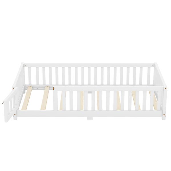 Twin Size Bed Floor Bed with Safety Guardrails and Door for Kids, White