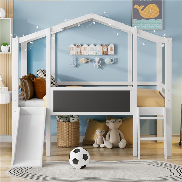 Twin Size Loft Bed with Ladder and Slide, House Bed with Blackboard and Light Strip on the Roof, White