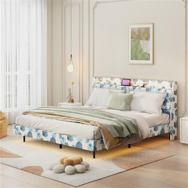 King Floating Bed Frame with LED Light and Charging Station Upholstered Platform Bed Frame King Size with Headboard and Hidden Storage Space, No Box Spring Needed, Blue