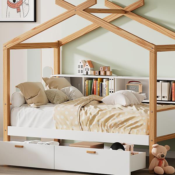 White Full Size Wooden House Bed Original Wood Colored Frame with Two Drawers and Bookshelf Storage Space for Children or Guest Room