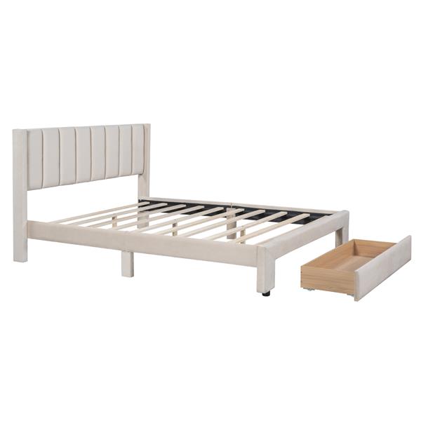 Full Size Storage Bed Velvet Upholstered Platform Bed with a Big Drawer - Beige