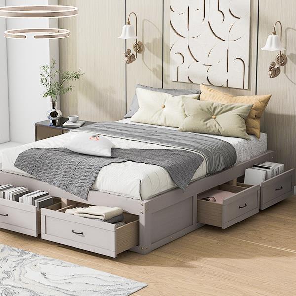 Queen Size Platform Bed with 6 Storage Drawers,Antique White