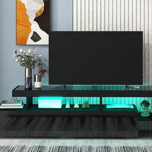 Modern Style 16-colored LED Lights TV Cabinet,  UV High Gloss Surface Entertainment Center with DVD Shelf,  Up to 70 inch TV, Black