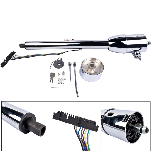 Chrome 28" Tilt Street Rod Floor Shift Steering Column with Key, 9-Hole Adapter