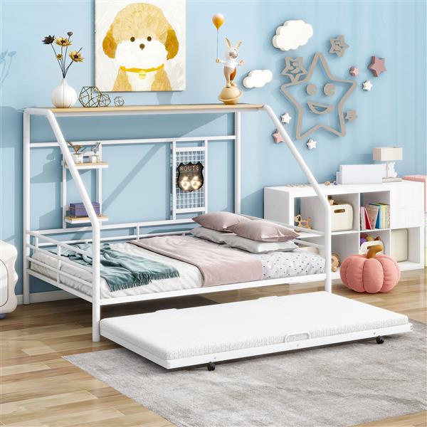 Full Size Metal House Bed with Trundle, White