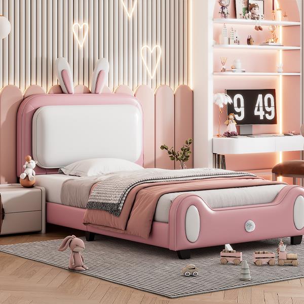 Twin size Upholstered Rabbit-Shape Princess Bed ,Twin Size Platform Bed with Headboard and Footboard,White+Pink