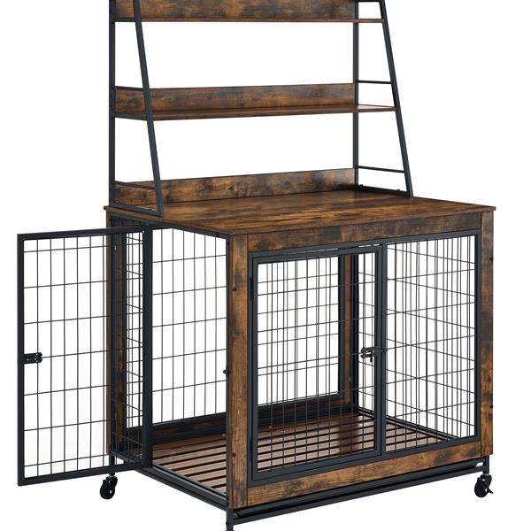 Furniture type dog cage iron frame door with cabinet, two door design, Rustic Brown,37.99"WX27.36"DX59.92"H