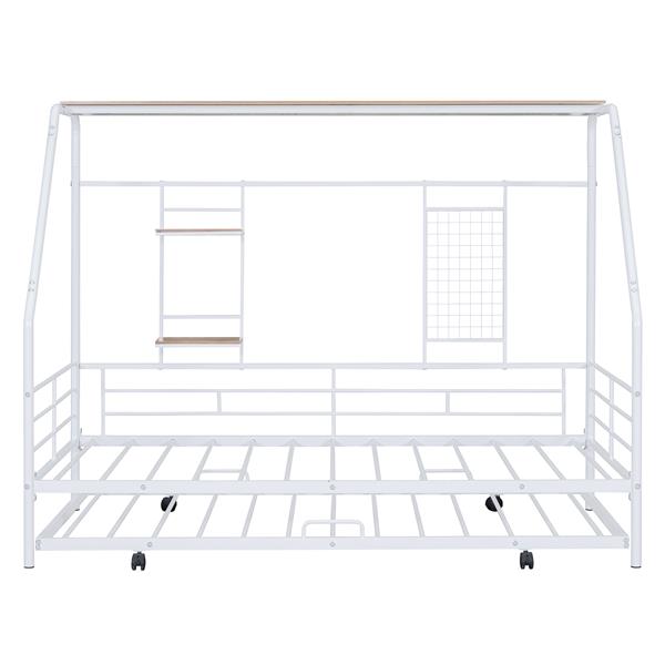 Twin Size Metal House Bed with Trundle, White