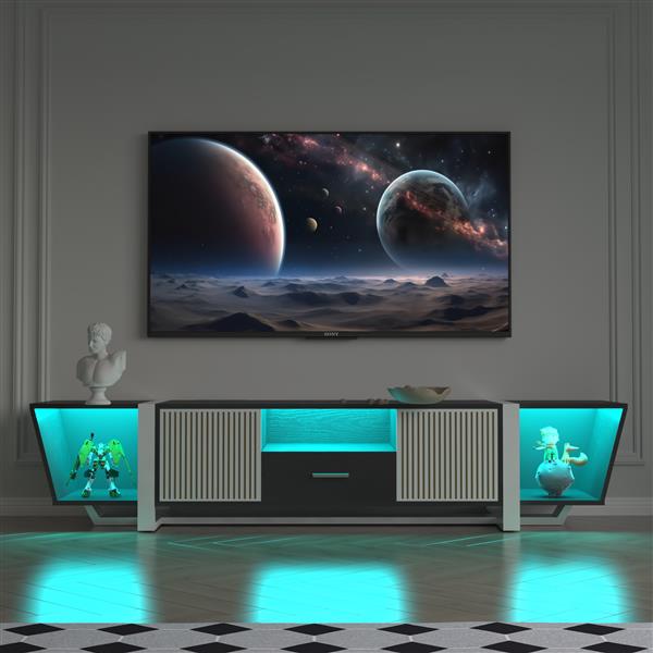 TV Console with Large Storage Cabinets, Biplane Shape Design LED TV Stand with Remote Control, Multiple Modes Changing Lights Modern Entertainment Center with Power Cord, Black