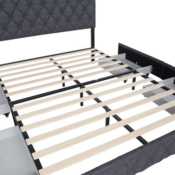 Full Size Upholstered Platform Bed Frame with 4 Storage Drawers, Adjustable Linen Headboard, Wooden Slats Support, No Box Spring Needed, Easy Assembly,Grey