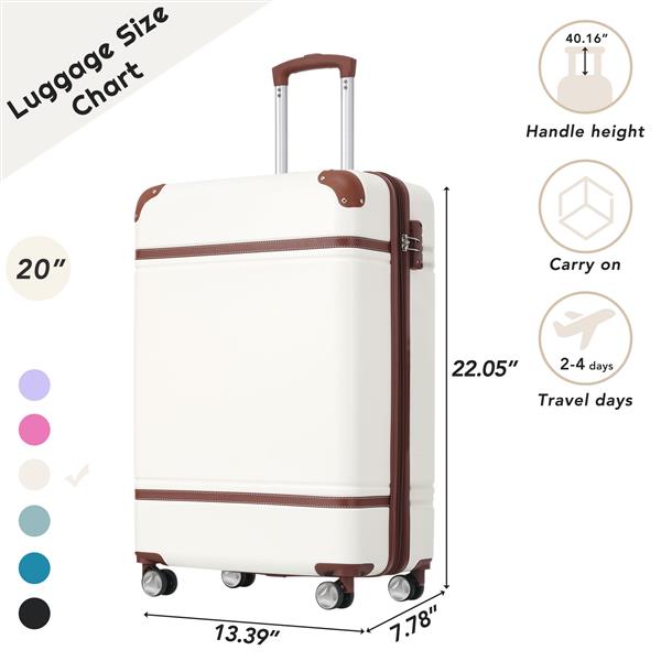 20 IN Luggage 1 Piece with TSA lock , Lightweight Suitcase Spinner Wheels,Carry on Vintage Luggage,White