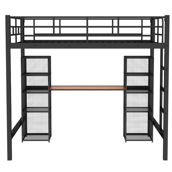 Full Size Metal Loft Bed with Built-in Desk and Shelves, Black+Brown