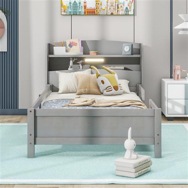 Wood Twin Size Platform Bed with Built-in LED Light, Storage Headboard and Guardrail, Antique Grey