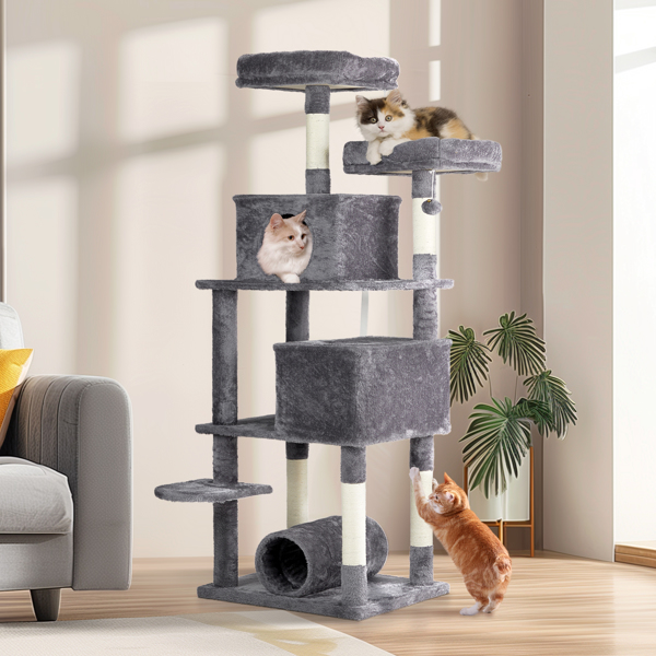 65 inch Cat Tree Cat Tower for Indoor Cats, Large Multi-Level Cat Play House Condo Furniture with Padded Platform Beds, Large Cozy Condos, Sisal Scratching Posts, Toy Balls and Cat Play Tunnel, Dark G