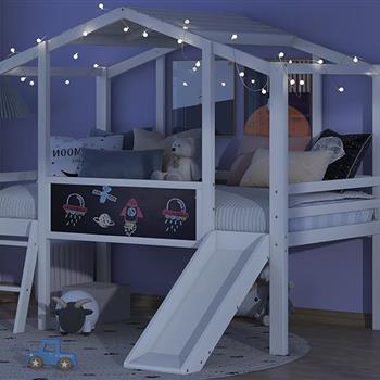 Twin Size Loft Bed with Ladder and Slide, House Bed with Blackboard and Light Strip on the Roof, White