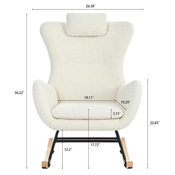 Rocking Chair Nursery, Teddy Upholstered Rocker Glider Chair with High Backrest, Adjustable Headrest & Pocket, Comfy Glider Chair for Nursery, Bedroom, Living Room, Offices, Rubber wood, white