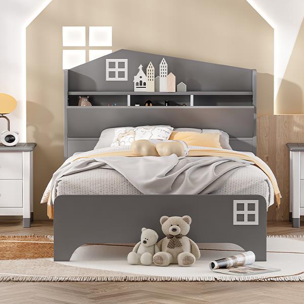 Wooden Twin Size House Bed with Storage Headboard ,Kids Bed with Storage Shelf,Grey