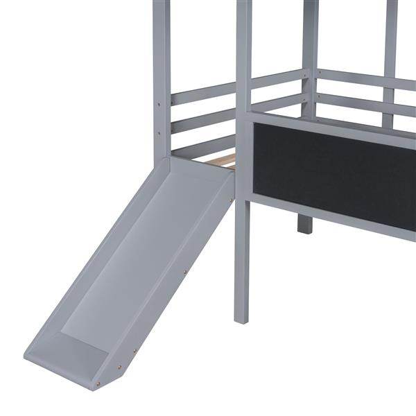 Twin Size Loft Bed with Ladder and Slide, House Bed with Blackboard and Light Strip on the Roof, Gray