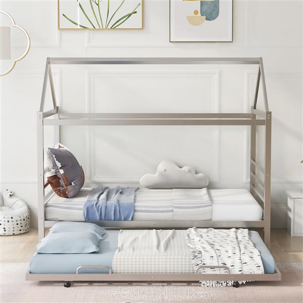 Twin Size Metal House Shape Platform Bed with Trundle,Silver