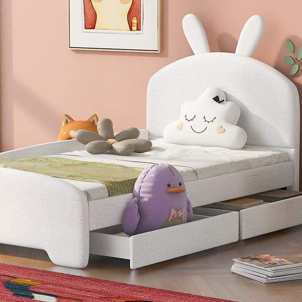 Twin Size Upholstered Platform Bed with Cartoon Ears Shaped Headboard and 2 Drawers, White