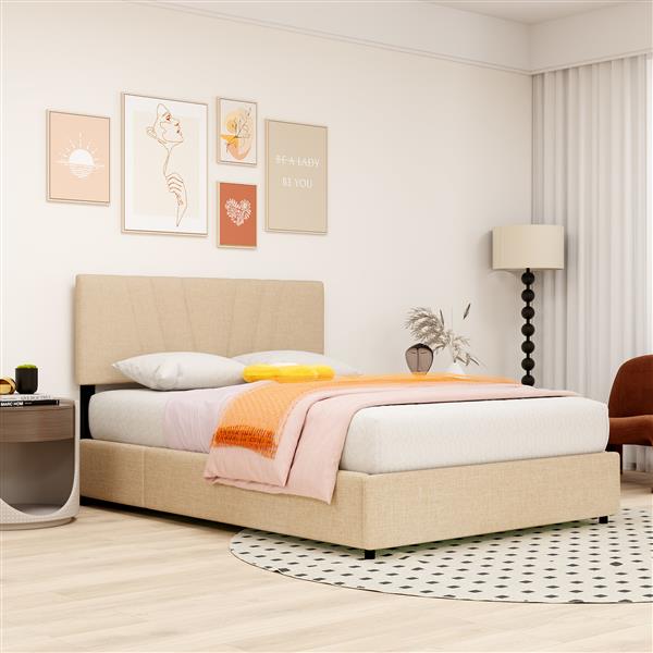 Full Upholstered Platform Bed with Lifting Storage, Full Size Bed Frame with Storage and Tufted Headboard,Wooden full Platform Bed for Kids Teens Adults,No Box Spring Needed,Light beige