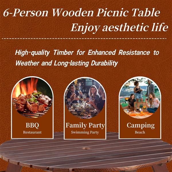 Outdoor 6 Person Picnic Table, 6 person Round Picnic Table with 3 Built-in Benches, Umbrella Hole, Outside Table and Bench Set for Garden, Backyard, Porch, Patio, Brown