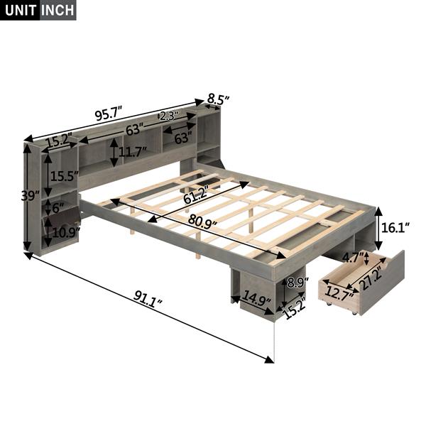 Queen Size Wood Platform Bed with Multi-storage Headboard and a Drawer, Gray