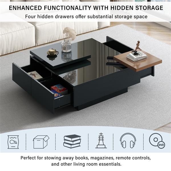 Movable Top Coffee Table, Modern Square Wood Coffee Table with High Gloss finish, 4 Hidden Storage Drawers for Living Room