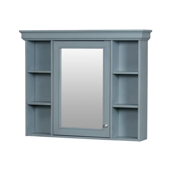 35'' x 28'' Blue Wall Mounted Bathroom Storage Cabinet with Mirror Door, Modern Bathroom Wall Cabinet with Mirror, Medicine Cabinet with 6 Open Shelves