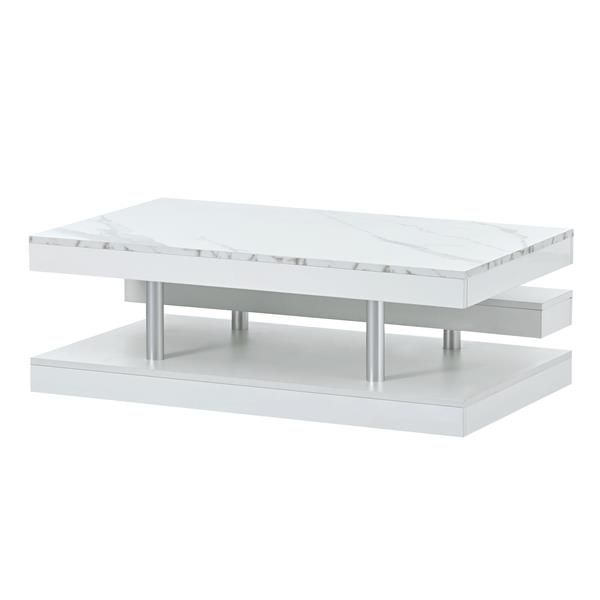 [VIDEO provided] Modern 2-Tier Coffee Table with Silver Metal Legs, Rectangle Cocktail Table with High-gloss UV Surface, Minimalist Design Center Table for Living Room, White