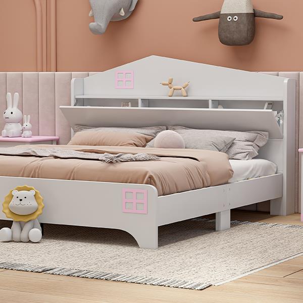 Wooden Full Size House Bed with Storage Headboard ,Kids Bed with Storage Shelf,White