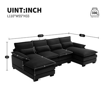 [VIDEO provided][New]110*55\\" Modern U-shaped Sectional Sofa with Waist Pillows,6-seat Upholstered Symmetrical Sofa Furniture,Sleeper Sofa Couch with Chaise Lounge for Living Room,Apartment,Black