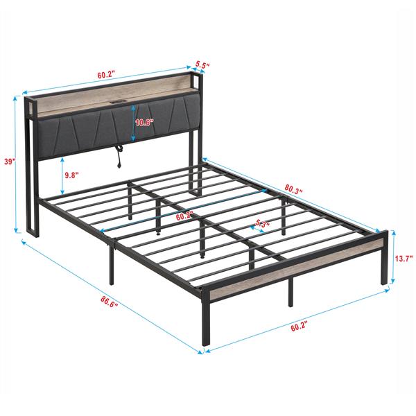 Queen  Size  Metal Platform Bed Frame with upholstery storage function Headboard   and USB LINER  and Footboard  , No Box Spring Needed, Large Under Bed Storage, Easy Assemble