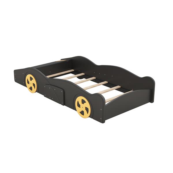 Twin Size Race Car-Shaped Platform Bed with Wheels and Storage, Black+Yellow