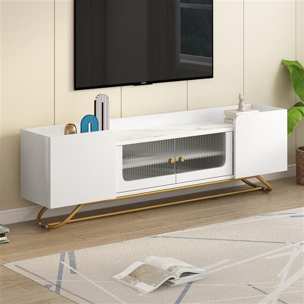 Sleek Design TV Stand with Fluted Glass, Contemporary Entertainment Center for TVs Up to 70", Faux Marble Top TV Console Table with Gold Frame Base, White