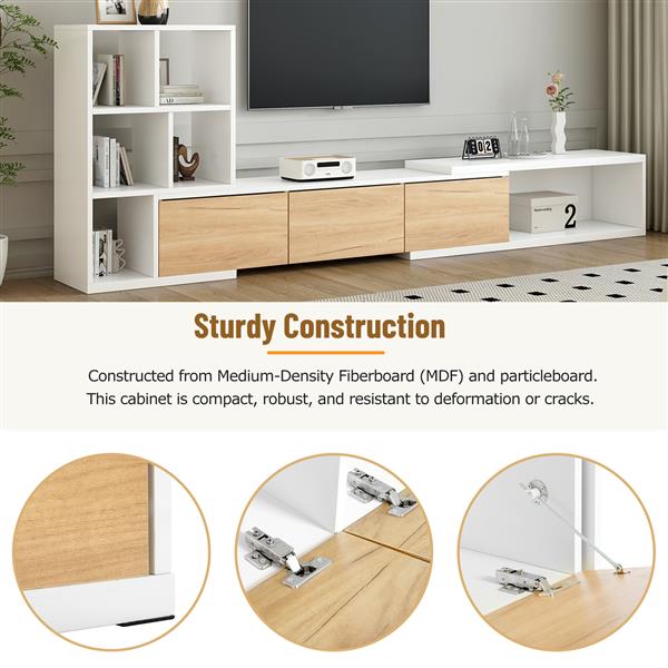 74.8''-126'' Extendable TV Stand with 3 Tier Bookshelves for TVs up to 110'', Adjustable Entertainment Center with Storage Cabinets, Sliding Tabletop Media Console for Living Room, White