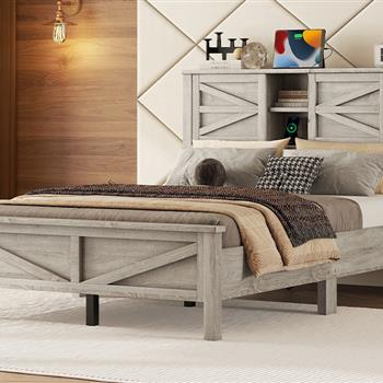 Farmhouse Platform Bed with Double Sliding Barn Door, Full Size Rustic Wood Bed with\\nCharging Station, Wood Slats Support, Antique Gray