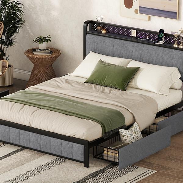 Queen Bed Frame with LED Headboard, Upholstered Bed with 4 Storage Drawers and USB Ports, Light Grey