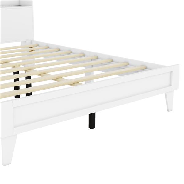 Queen Size Storage Platform Bed Frame with 4 Open Storage Shelves and USB Charging Design,White