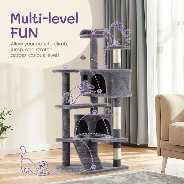 53 inch Multi-Level Cat Tree Cat Condo with Scratching Posts Kittens Activity Tower Pet Play House Furniture, Dark Grey